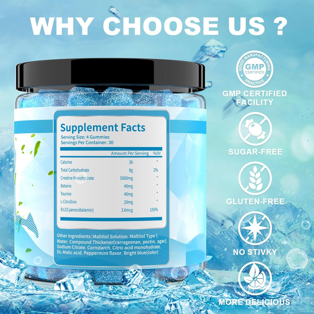 Mint Flavor Creatine Monohydrate Gummies for Men & Women,Contains L-Taurine + Vitamin B12, Betaine, L-Citrulline for Improve Exercise Endurance, Muscle Strength -120 Count