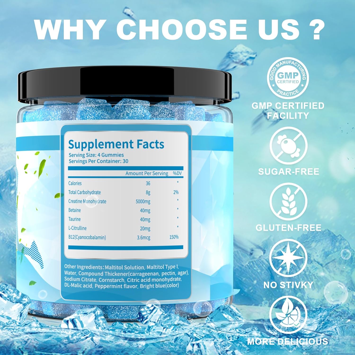 Mint Flavor Creatine Monohydrate Gummies for Men & Women,Contains L-Taurine + Vitamin B12, Betaine, L-Citrulline for Improve Exercise Endurance, Muscle Strength -120 Count