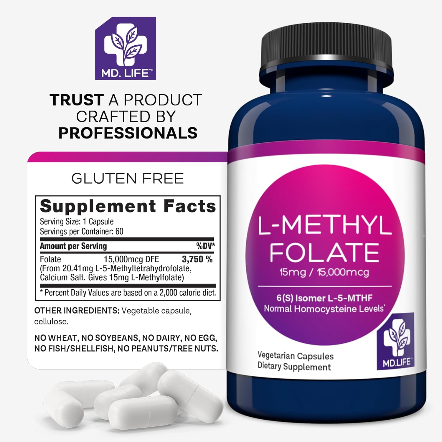 MD Life L Methylfolate 15 mg - Professional-Grade Active Methylfolate Supplement - Maximum Potency MTHFR Supplements - L-methylfolate 15 mg 60 Capsules - Essential Amino Acids