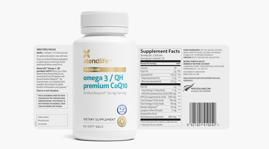 Xtendlife Omega 3 QH Premium CoQ10 Fish Oil - with DHA, EPA, and Ubiquinol - Includes Astaxanthin and Lycopene for Heart, Brain, Joint, and Skin Health - 1 Month Supply (60 Count)