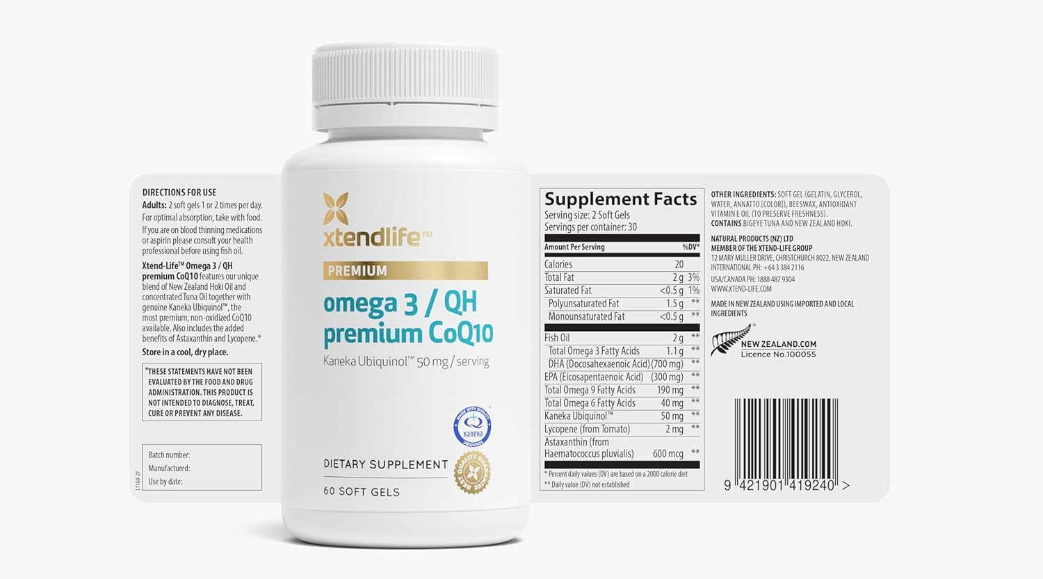 Xtendlife Omega 3 QH Premium CoQ10 Fish Oil - with DHA, EPA, and Ubiquinol - Includes Astaxanthin and Lycopene for Heart, Brain, Joint, and Skin Health - 1 Month Supply (60 Count)