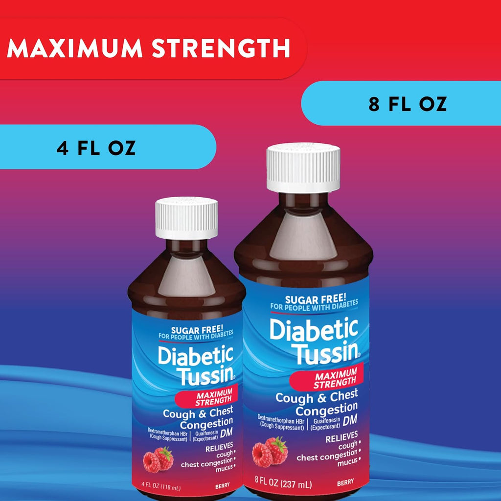 Diabetic Tussin DM Maximum Strength Cough and Chest Congestion Relief Liquid Cough Syrup, Safe for Diabetics, Berry Flavored, 4 Fl Oz (Pack of 1)