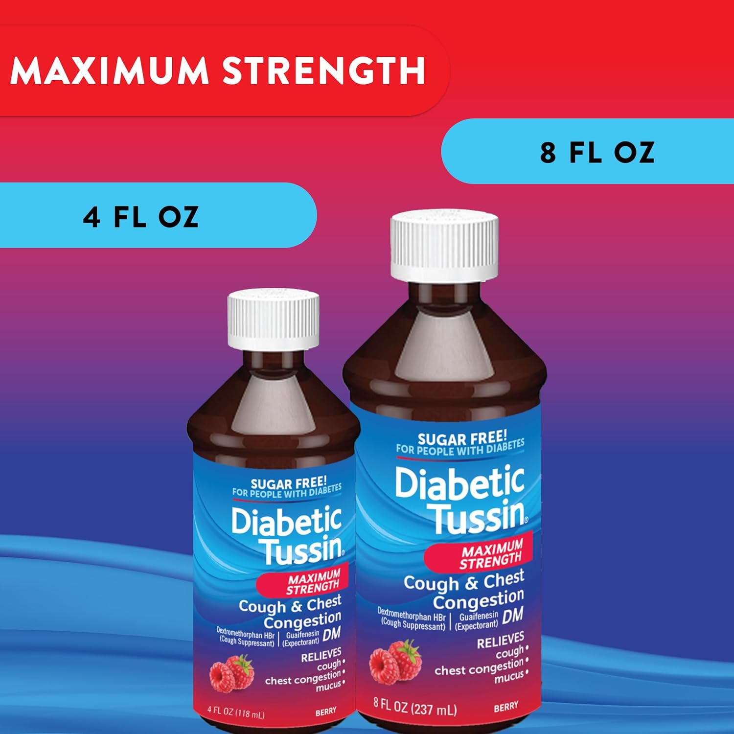 Diabetic Tussin DM Maximum Strength Cough and Chest Congestion Relief Liquid Cough Syrup, Safe for Diabetics, Berry Flavored, 4 Fl Oz (Pack of 1)