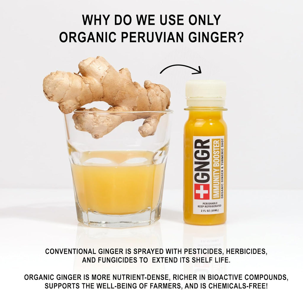 +GNGR Immunity Aid Organic Ginger and Lemon Shot - Cold Pressed Ginger Shots with Echinacea, Lemon Juice, Honey, Zinc & Vitamin D3, Immune & Digestive Support (2 Oz, Pack of 12)