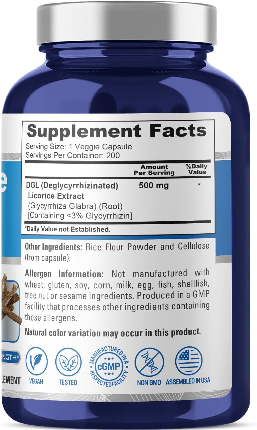 NusaPure DGL Licorice Extract 500 mg 200 Veggie Capsules (Vegan,Non-GMO)