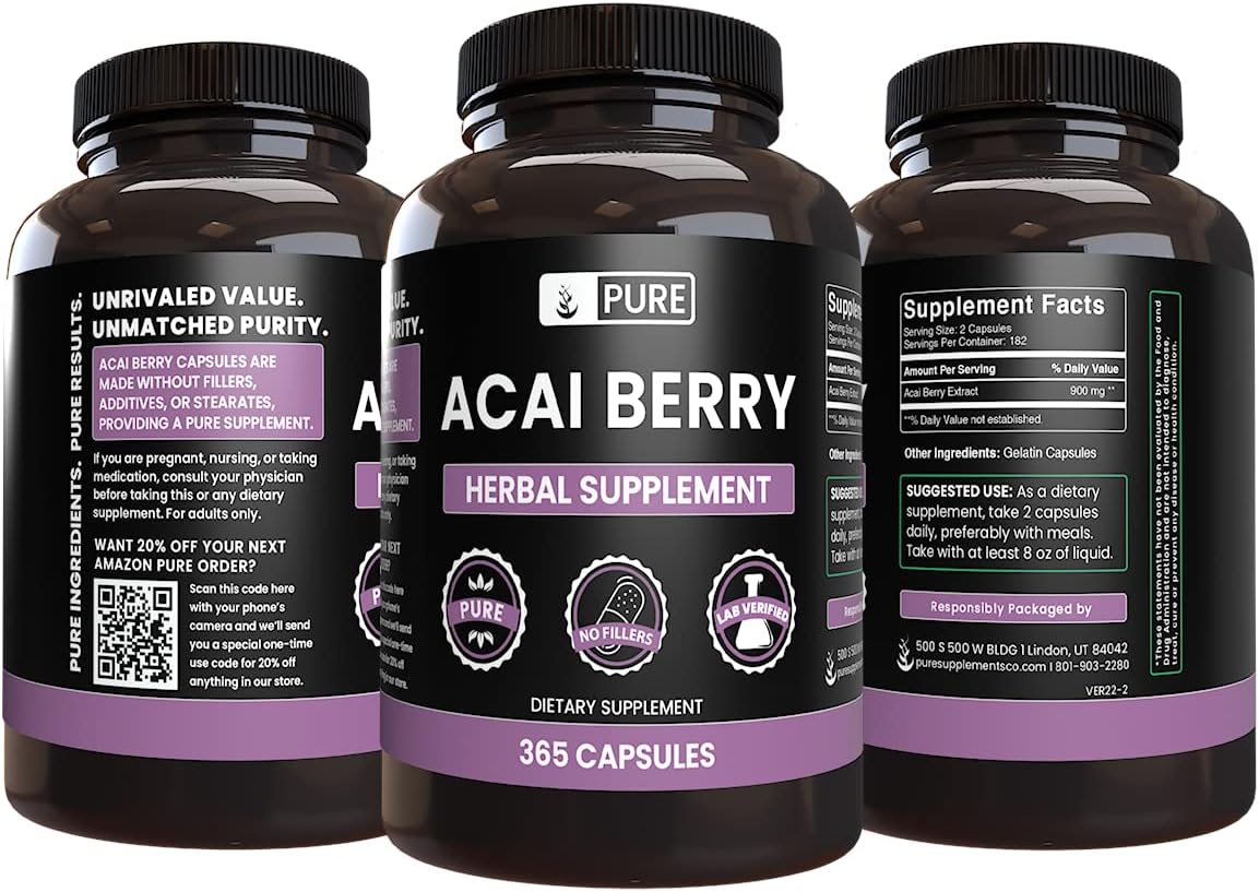 PURE ORIGINAL INGREDIENTS Acai Berry (365 Capsules) No Magnesium Or Rice Fillers, Always Pure, Lab Verified