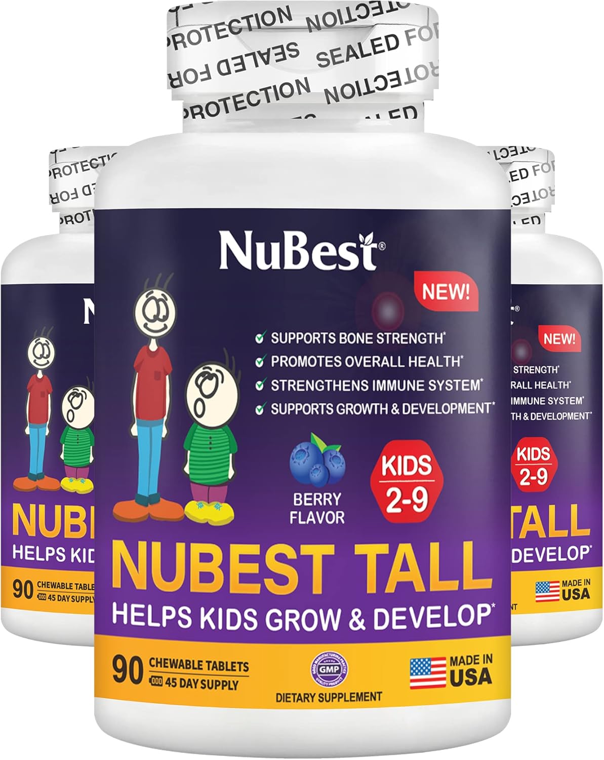 NuBest Tall Kids - Toddlers Vitamins and Kids Vitamins for Age 2 to 9 - Support Bone Strength, Overall Health and Immunity - Animal Shapes - 90 Chewable Berry Tablets | 3 Pack