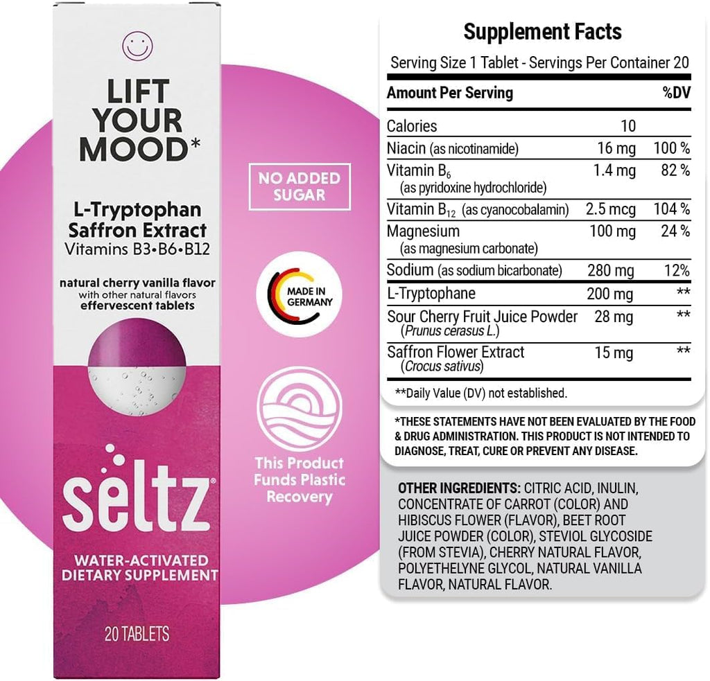 Seltz® Water-Activated Vitamins - Lift Your Mood with L-Tryptophan, Saffron Extract and Vitamins B3 B6 B12 – Natural Cherry Vanilla Flavor Dietary Supplement - 6 Packs x 20 Effervescent Tablets Each