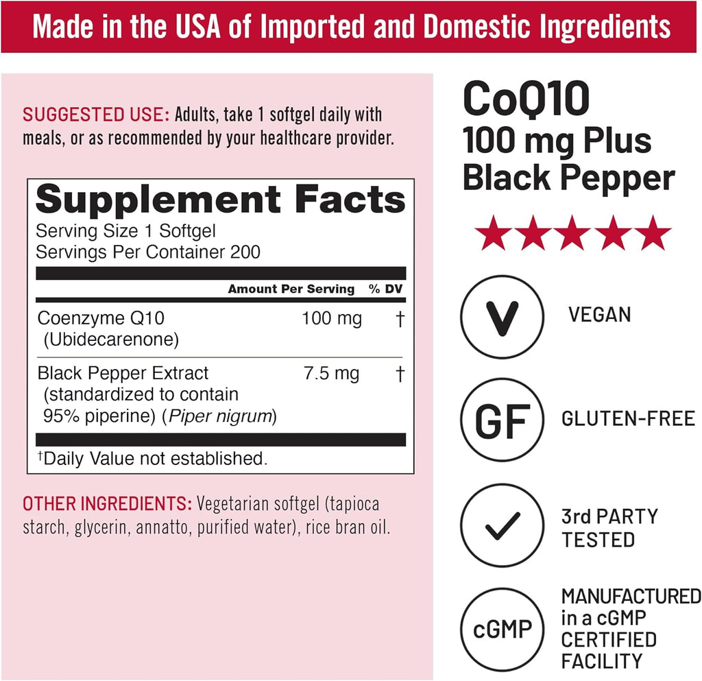 NatureWise CoQ10 100mg + Black Pepper Softgels - High Absorption Coenzyme Q10 + Black Pepper - Antioxidant for Heart Health + Cellular Energy - Vegan, Non-GMO, Gluten-Free - 200 Count[200-Day Supply]