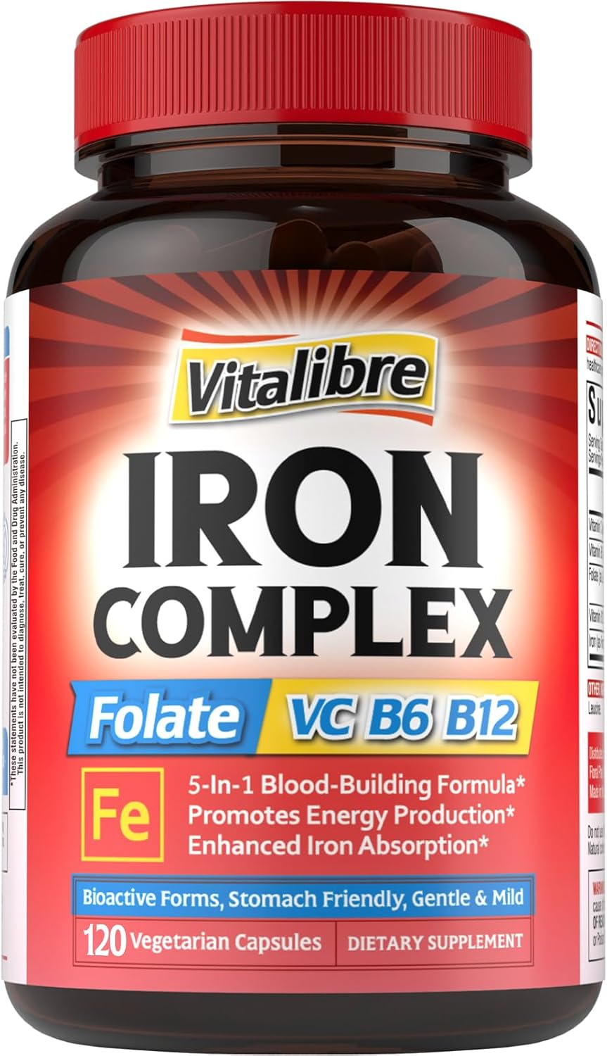 Iron Supplement for Women & Men, with Vitamins C, B6, B12 & Folate for Iron Deficiency, Blood Building & Energy Support, Stomach Friendly, Better Absorption, Non-GMO,No Gluten,120 Vegan Caps