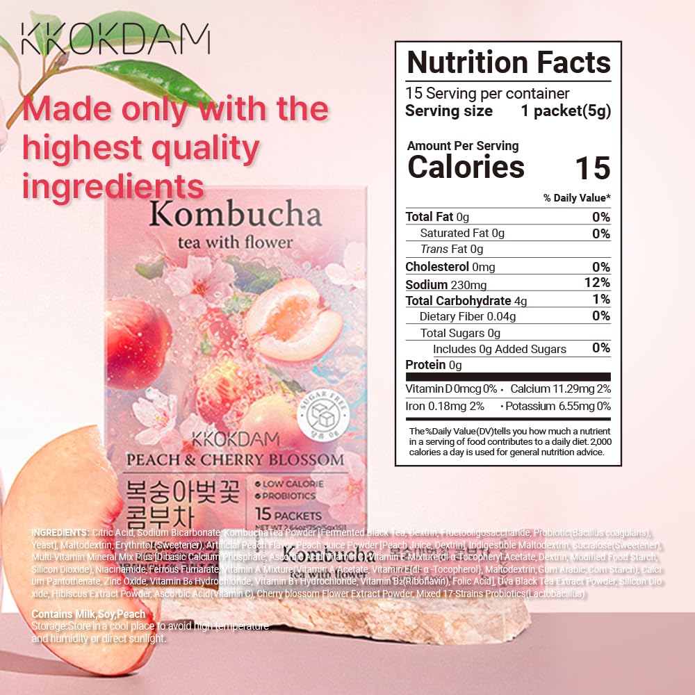 KKOKDAM Kombucha Tea - Peach & Cherryblossom Korean Tea - Kombucha Drinks Probiotic Support, Low Calorie, Sugar Free Kombucha Pack - 15 Packs