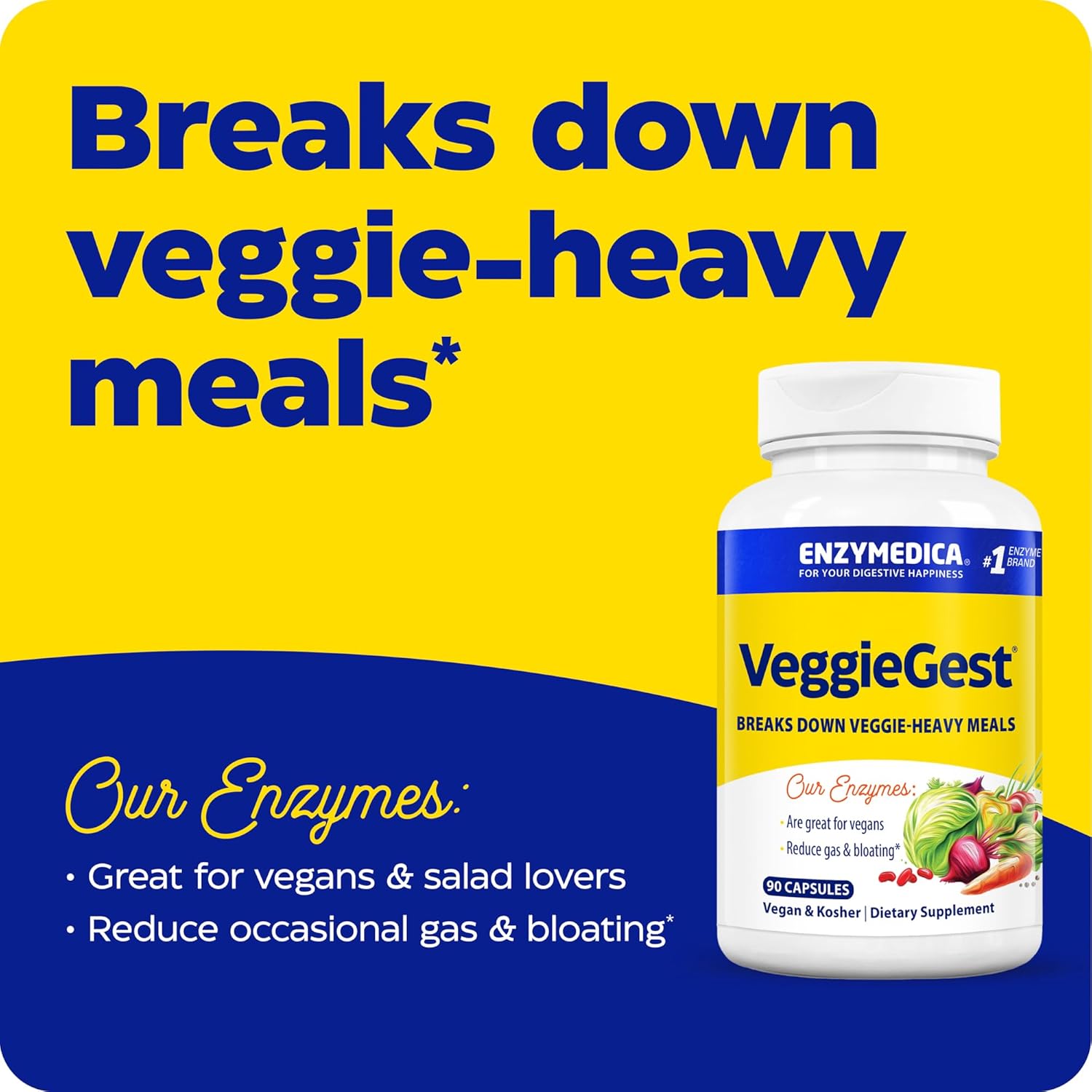 Enzymedica VeggieGest, Digestive Enzymes for Vegan, Vegetarian and Raw Diets, Prevents Gas and Bloating, 90 Count