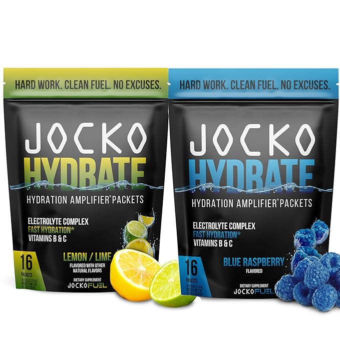 Jocko Fuel Hydrate Electrolytes Powder - Low Sugar Hydration Amplifier for Recovery, Dehydration & Exercise - Vitamins B6, B12 & C (32 Packets, 2 Pack Bundle)
