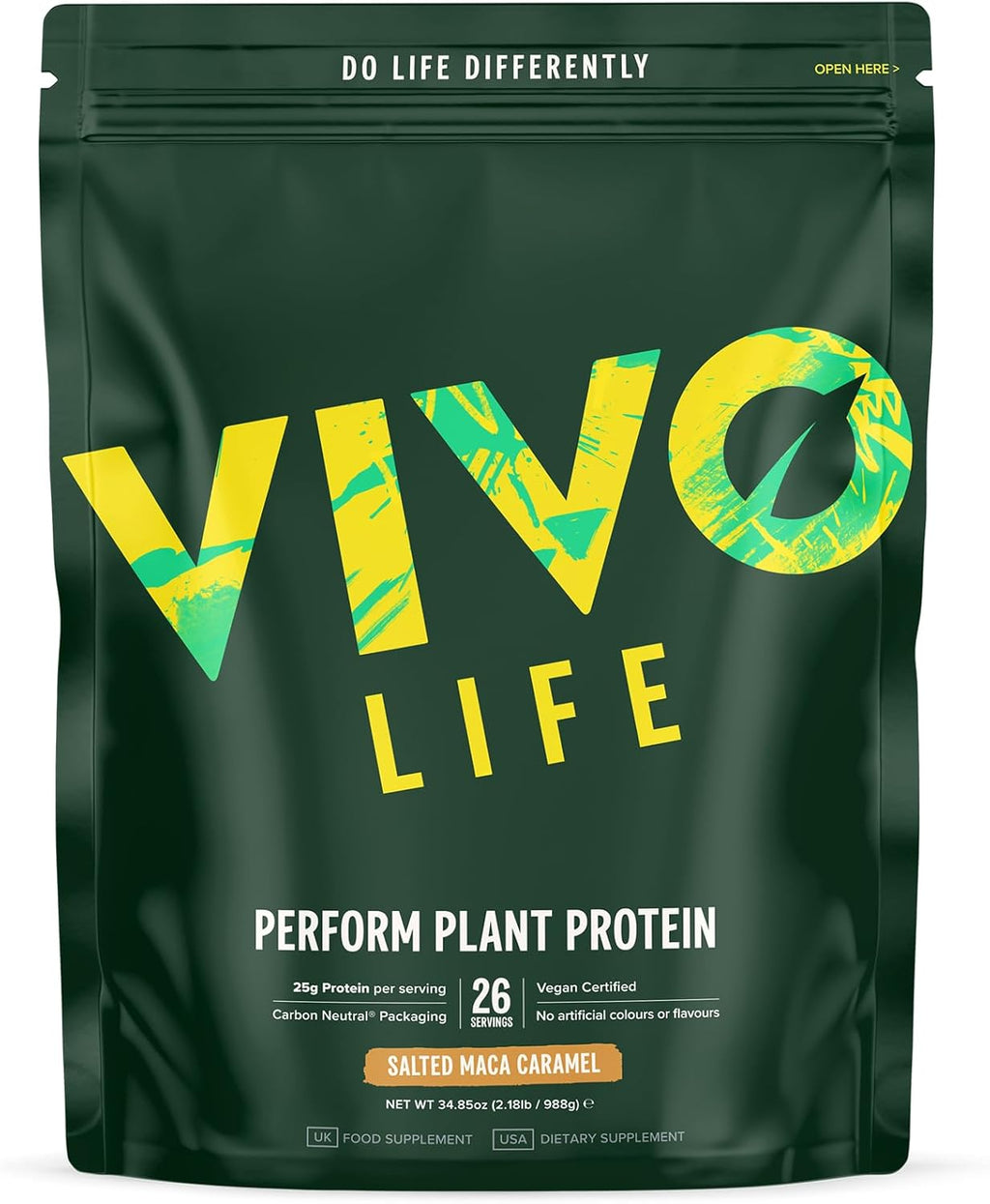 Vivo life Perform Plant Protein Powder - Pea & Hemp Protein Blend with BCAA (34.85 oz, Salted Maca Caramel)