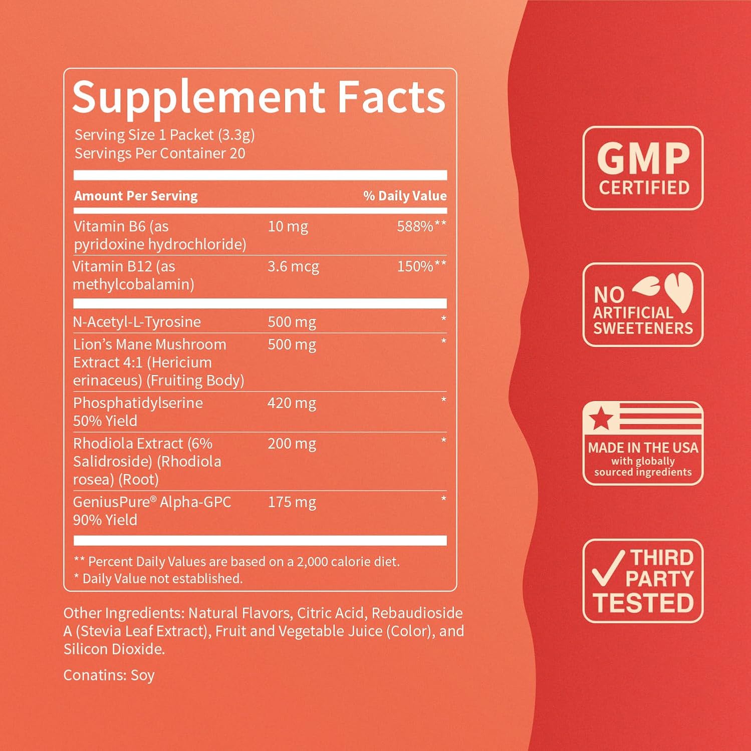 Nello SuperFocus Focus Drink Mix – Fruit Punch Flavor – Alpha GPC, Lion’s Mane, Rhodiola & N-Acetyl L-Tyrosine – Sugar-Free, On-The-Go Packets – 20 Servings