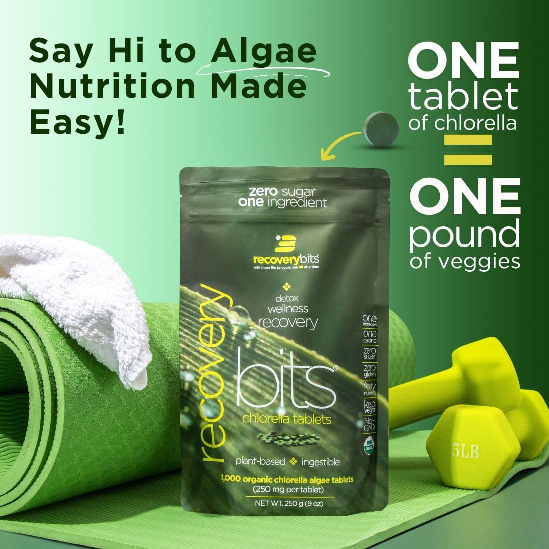 RECOVERYbits - Organic Chlorella Tablets - Plant-Based Algae Superfood - Chlorophyll - Cracked Cell Wall - Energy - Immune System - Detox - Keto - Vegan - Non-GMO - Large Bag - 1000 Tablets