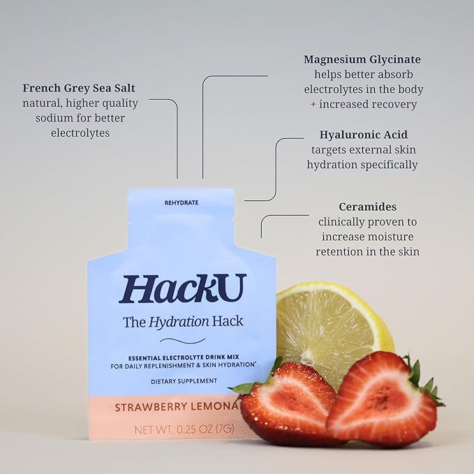 HackU Sugar-Free Electrolyte Packets for Body and Skin Hydration Support | Strawberry Lemonade | 25ct | Drink Mix