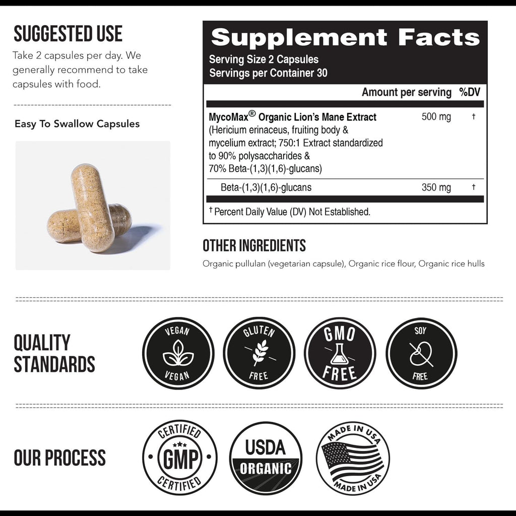 MycoMax Lions Mane Supplement - 70% Beta Glucans, Max Potency Organic Lions Mane Extract, US Grown + Ultrasonic Extraction - 500 mg serving - Supports Mental Clarity, Focus and Memory - 60 Capsules