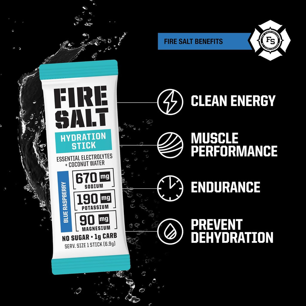 Fire Science Fire Salt Hydration Sticks, Electrolytes & Coconut Water, Hydration Drink Mix with Magnesium, Potassium & Sodium, Zero Sugar, Single Serve On the Go Packs, Blue Raspberry Flavor, 32 Count