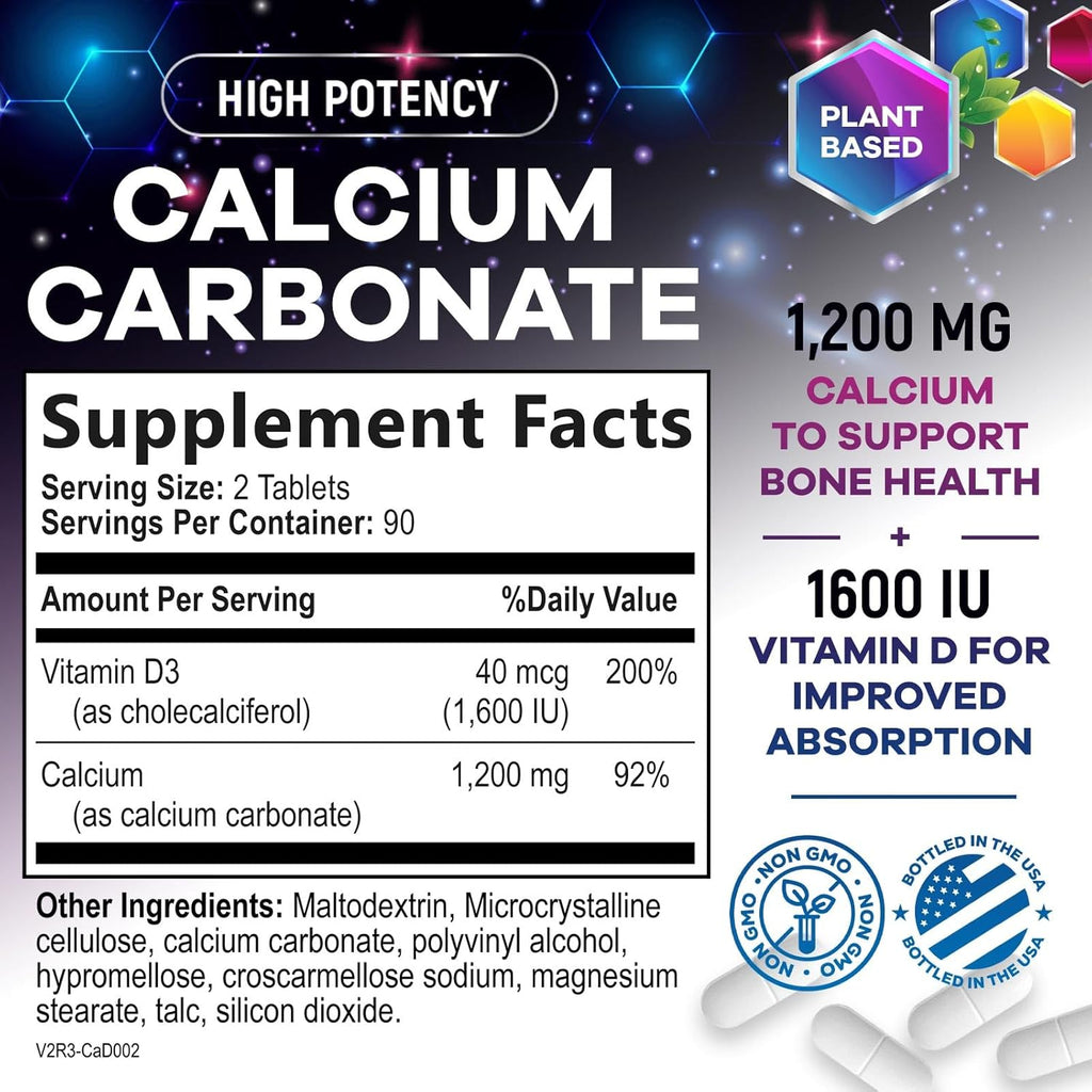 Calcium 1200 mg with Vitamin D3, Calcium Supplement Vitamins, Bone, Teeth & Immune Health Support, Calcium Supplements with D for Women & Men, Nature's Absorbable Calcium Carbonate - 180 Tablets