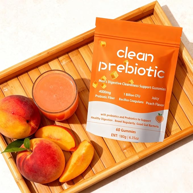 Clean Prebiotic Fiber Gummies for Men, Peach Flavor，Pre+Probiotic Fiber Gummies，Men's Digestive Cleaning Support Gummy,Men Prebiotic Supplement for Digestive Gut Health，60 Gummy
