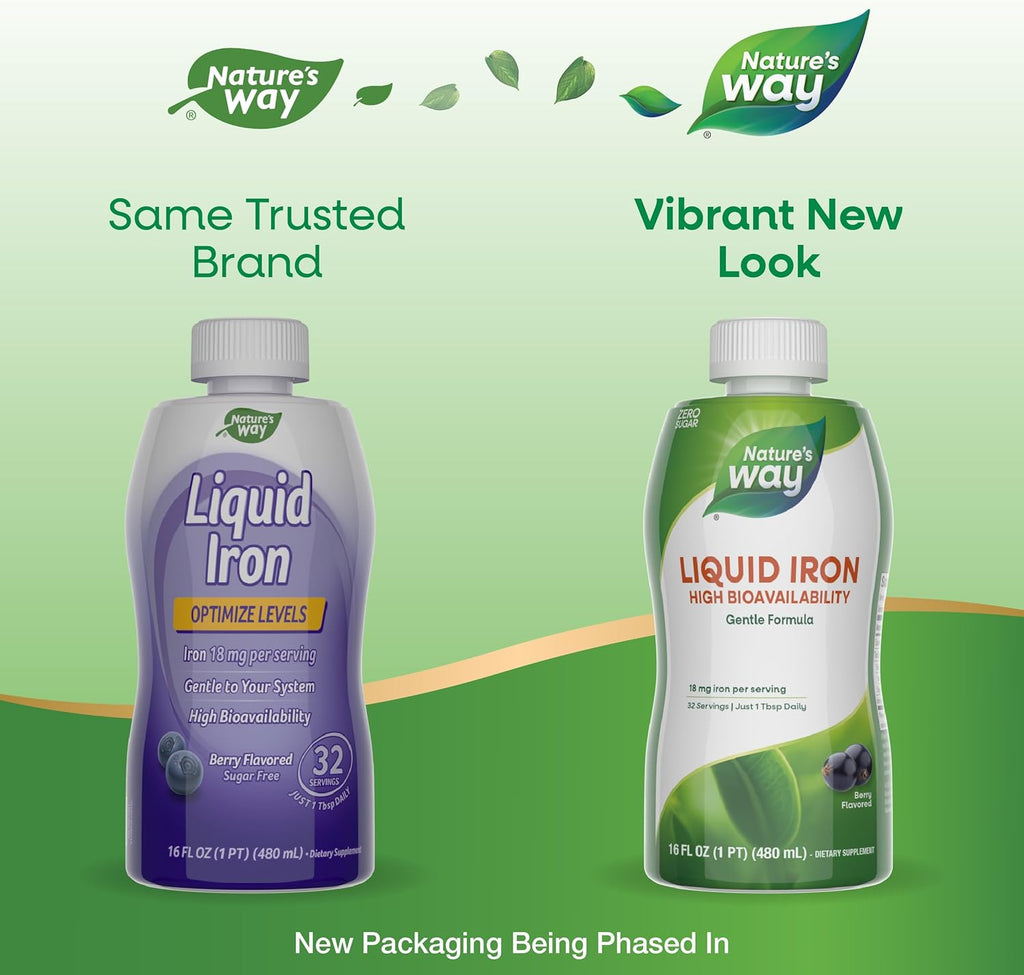 Nature's Way Liquid Iron, 100% Daily Value, 18 mg Iron as Ferric Glycinate per Serving, No Sugar Added, Berry Flavored, 16 Fl Oz (Packaging May Vary)