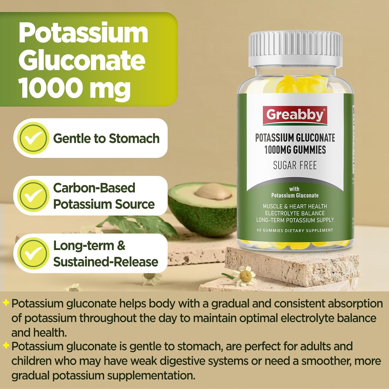 Potassium Gluconate 1000 mg Gummies, Electrolyte Gummies Sugar Free for Women & Men Adults, Support Muscle Cramps & Heart Health, Chewable Potassium Supplement, Vegan Source, 60 Count