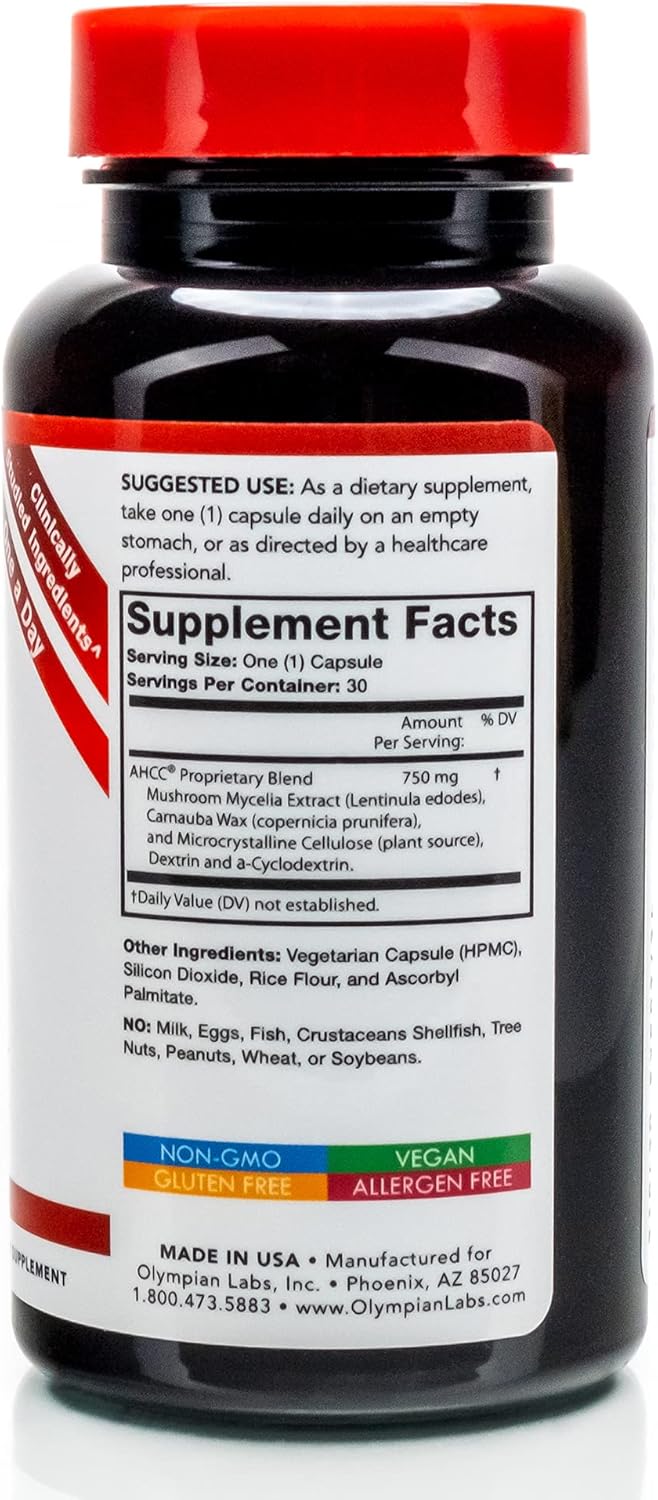 Olympian Labs Premium AHCC Supplement 750mg of AHCC per Capsule – Supports Immune Health, Liver Function, and Natural Killer Cell Activity- 30 Capsules
