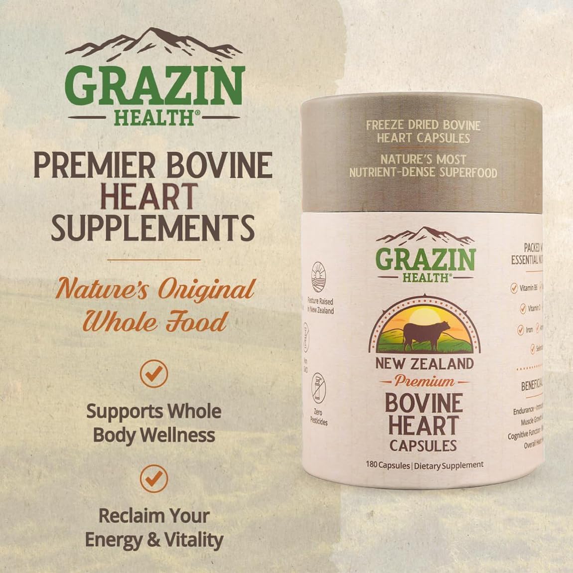 Grass Fed Bovine Heart Capsules: 3000 Mg Heart/ 200 Mg Liver/Serving (30 Servings)