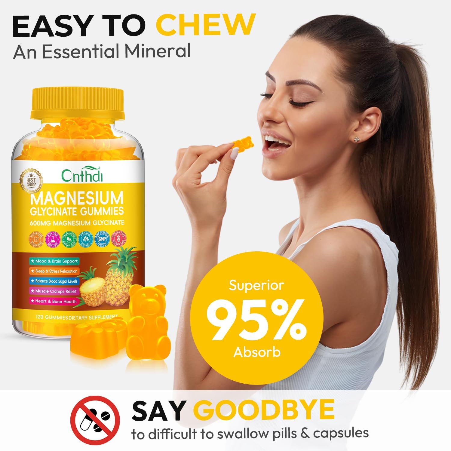 Magnesium Glycinate Gummies 600mg, Sugar Free Chewable Magnesium Gummies for Men & Women, Supports Evening Routine & Inner Balance, No Melatonin, Gluten Free, Non GMO, Vegan, 60 Days Supply