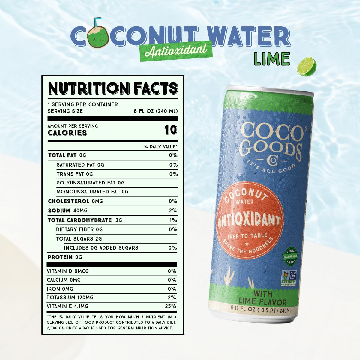 CocoGoodsCo Antioxidant Drink with Coconut Water, Lime – 35mg Natural Caffeine, 0g Sugar, Naturally Sweetened, 10 Calories, with Green Coffee & Vitamin E – 8.11 fl oz Cans (12 Pack)