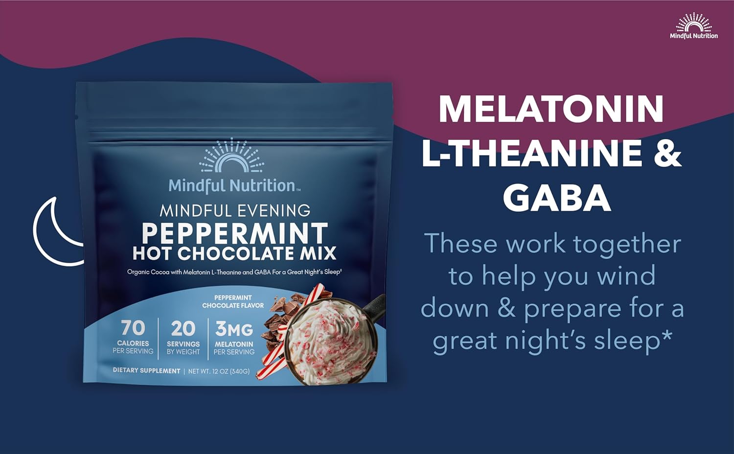 Mindful Evening Peppermint Cocoa Mix Natural Sleep Aid, Melatonin 3mg, L-Theanine, GABA Supplements, Natural Calm Sleep Support Stress Relief Calm Sleepy Cocoa Nighttime Peppermint Hot Chocolate