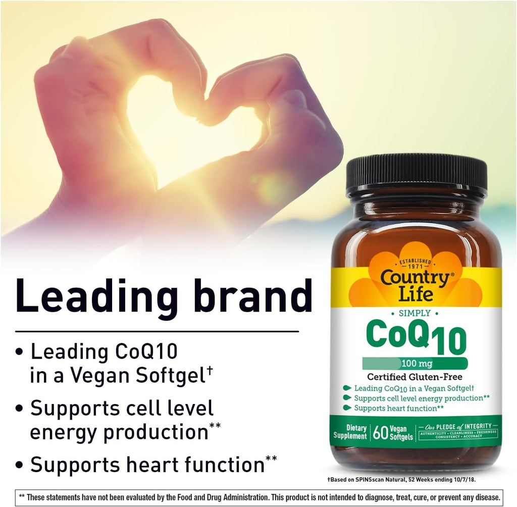 Country Life Simply CoQ10 100mg – Heart Function & Cellular Energy Support Supplement, Pure Coenzyme Q10 for Antioxidant & Cardiovascular Health, Certified Gluten Free & Vegan, 60 Softgels