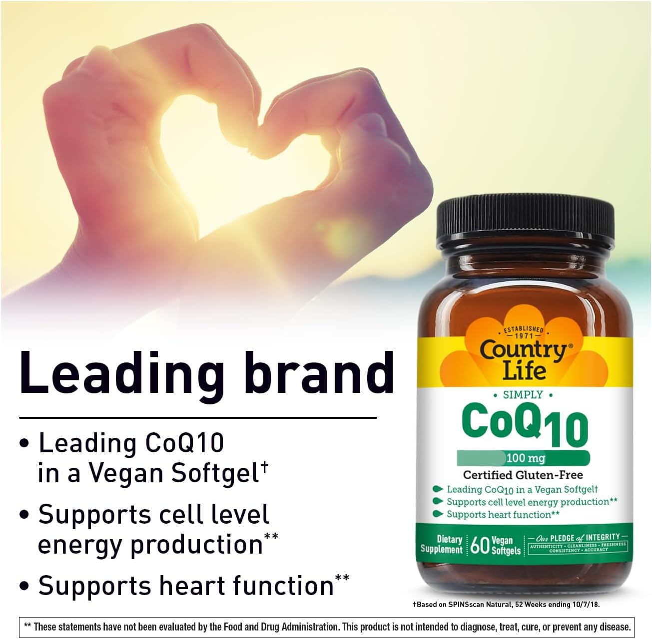 Country Life Simply CoQ10 100mg – Heart Function & Cellular Energy Support Supplement, Pure Coenzyme Q10 for Antioxidant & Cardiovascular Health, Certified Gluten Free & Vegan, 60 Softgels