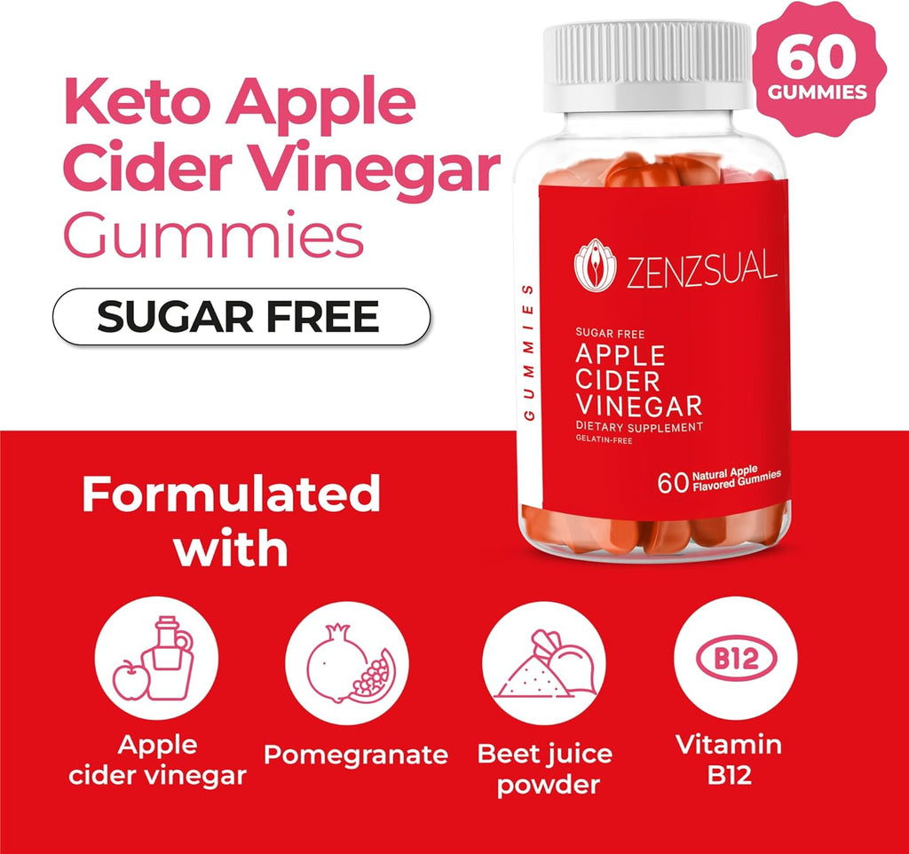 Zenzsual Apple Cider Vinegar Gummies – Digestive, Metabolism and Immune Health Support, Boost Energy – ACV Gummies with VIT B12, Beetroot & Pomegranate - Gelatin and Gluten Free (60 Gummies)