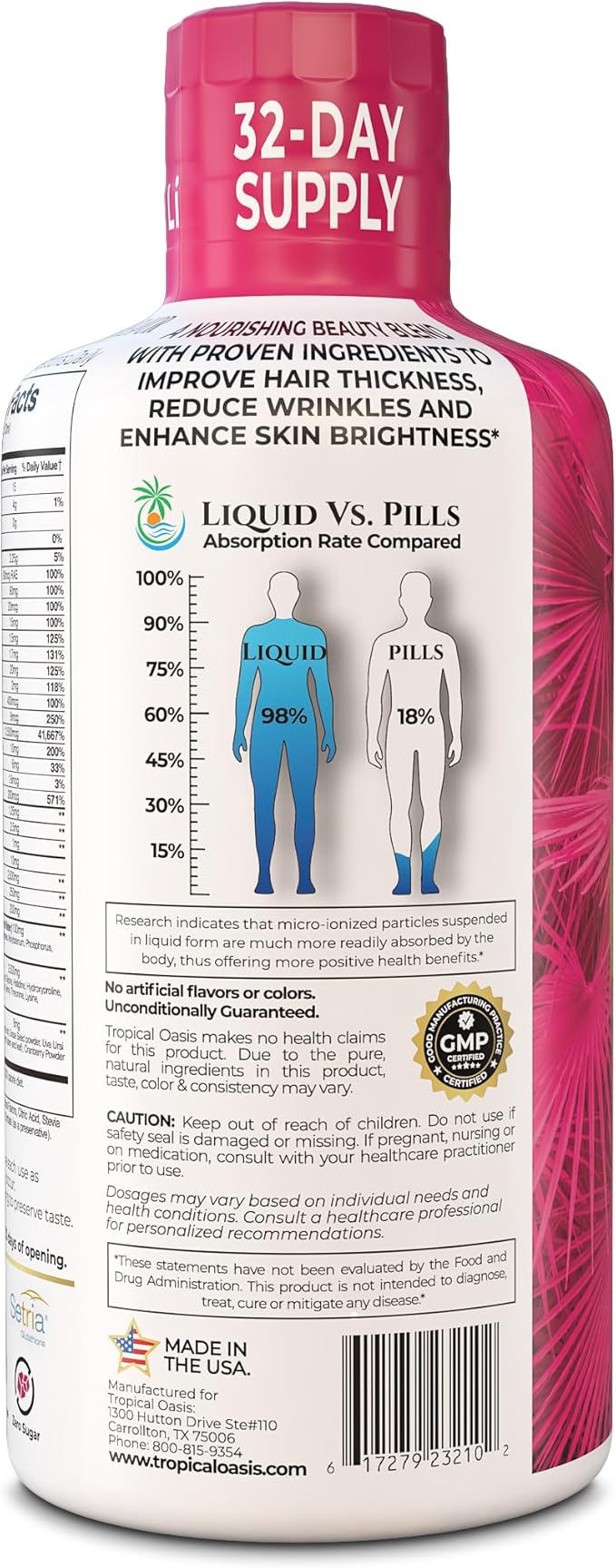 Tropical Oasis Women's Liquid Multivitamin + Hair Growth | 2.5g Verisol Collagen | Biotin 12500mcg | Clinically Tested for Thicker Hair, Wrinkles, Brighter Skin, Strong Nails | 32 Serv