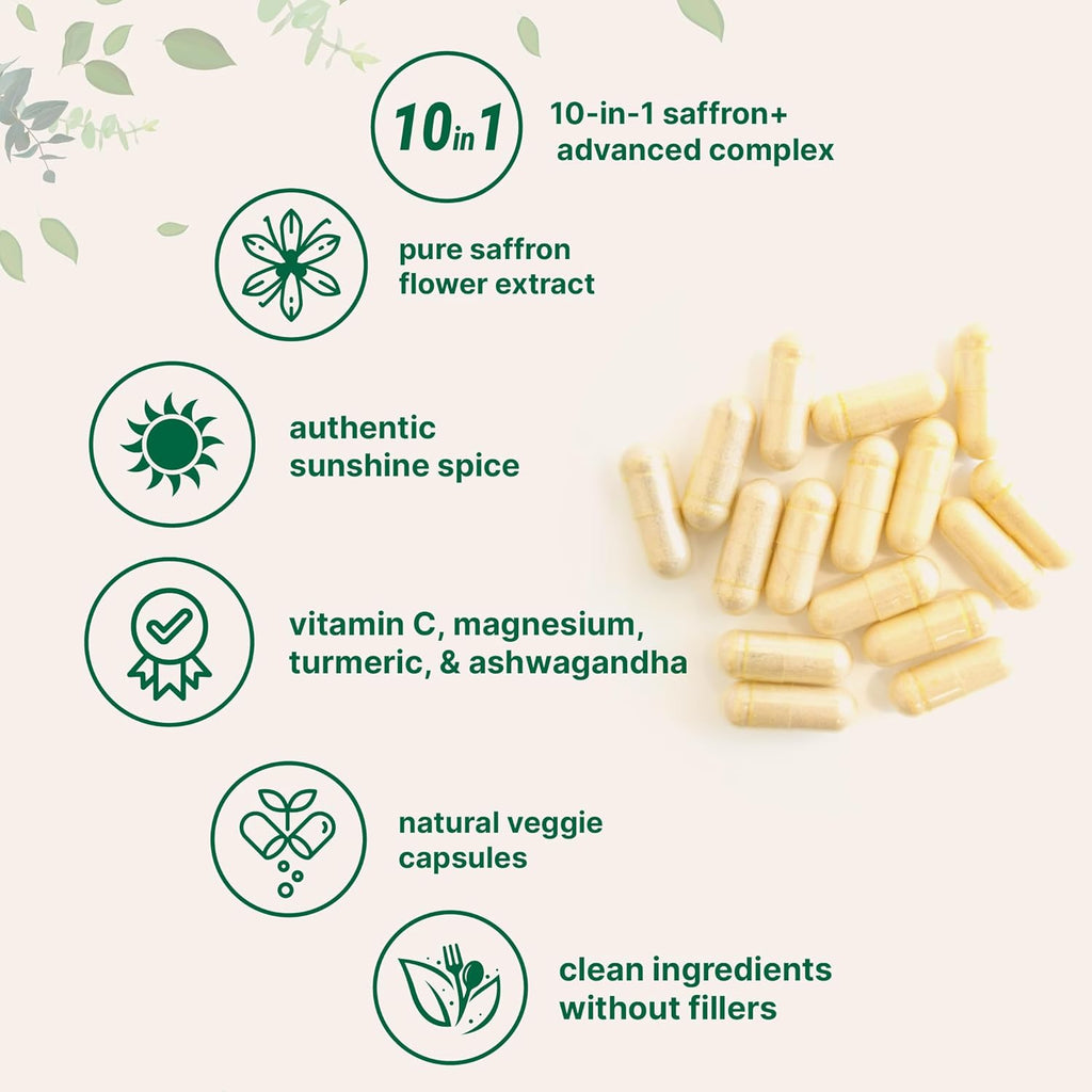 Micro Ingredients Saffron+ Advanced, 60 Veggie Capsules | 10-in-1 Formula with High Absorption Fat-Soluble Vitamin C, Magnesium, Turmeric & Ashwagandha | Mood & Energy Support | Filler Free