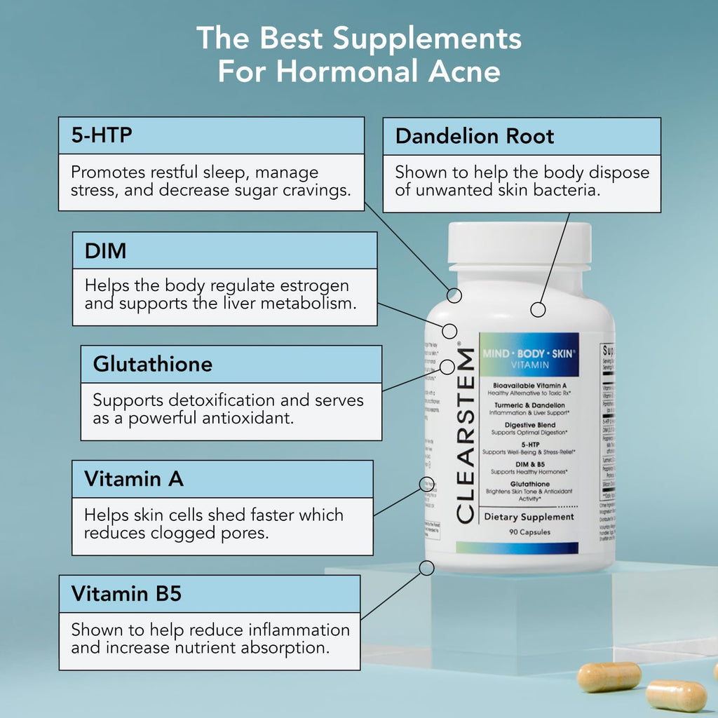 CLEARSTEM - MINDBODYSKIN Hormonal Acne Supplement (5-HTP) - Natural DIM Supplement - Skin Care Vitamins - Hormone Balance, Antioxidants - Gluten Free, Cruelty Free - 60 Servings, 180 Capsules