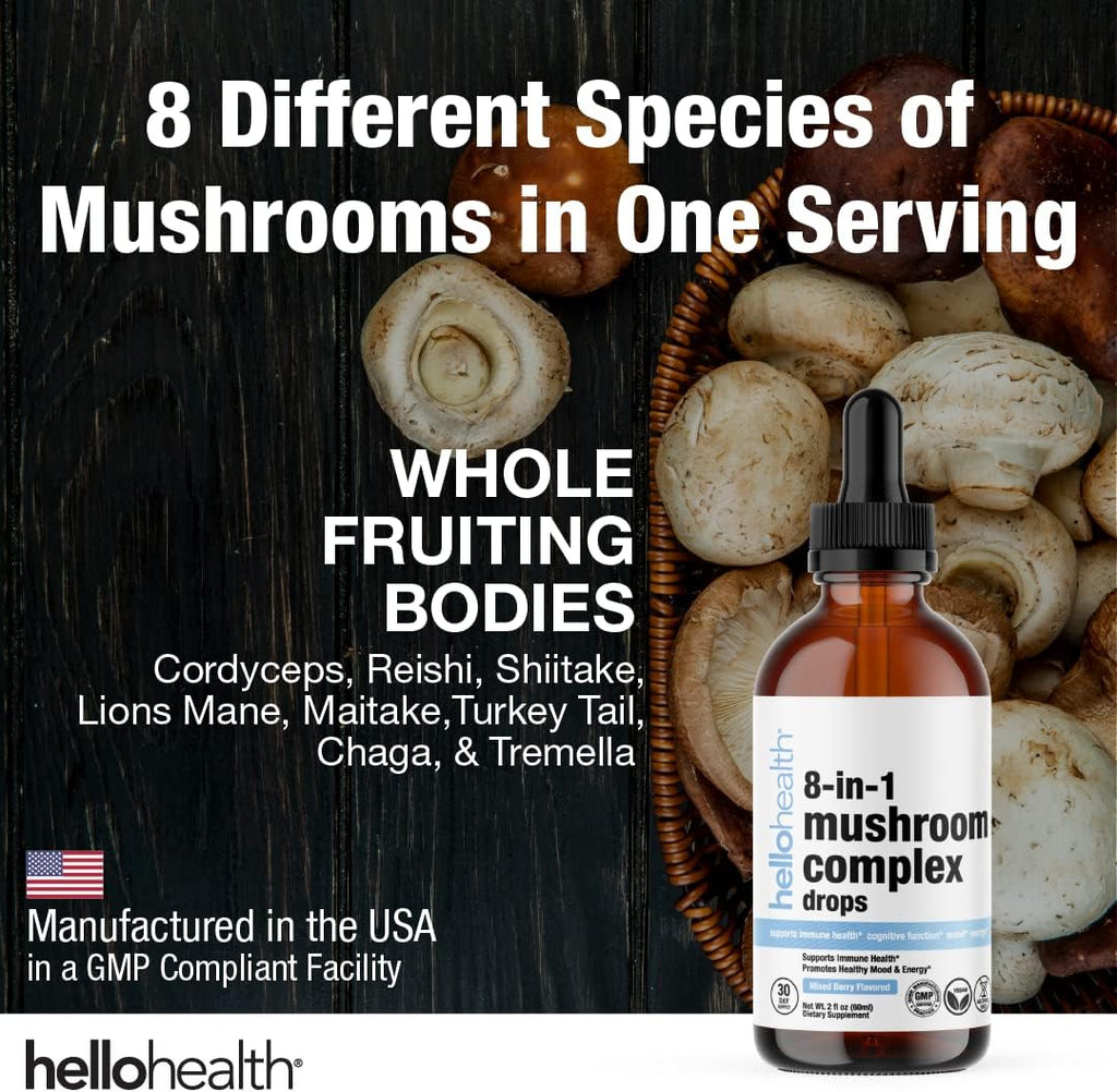8-in-1 Mushroom Supplement Drops – Nootropics Brain Support Supplement Liquid Mushroom Complex with Lions Mane, Turkey Tail, Reishi & Shiitake Mushrooms Extract for Energy & Immune Support 2 Oz
