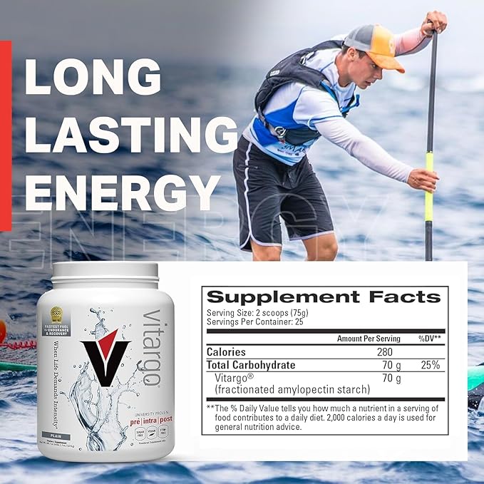 Vitargo Carbohydrate Powder, 2X Faster Absorbing, 4.4 LB Plain, Pre, Intra & Post, Sugar-Free Complex Carb Powder for Recovery, Endurance & Muscle Gain, Made in USA