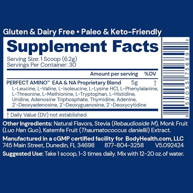 BodyHealth PerfectAmino - BCAA and EAA Powder for Pre and Post Workout - Amino Acid Energy Drink for Men and Women to Support Lean Muscle and Recovery - Peppermint Mocha - 30 Servings
