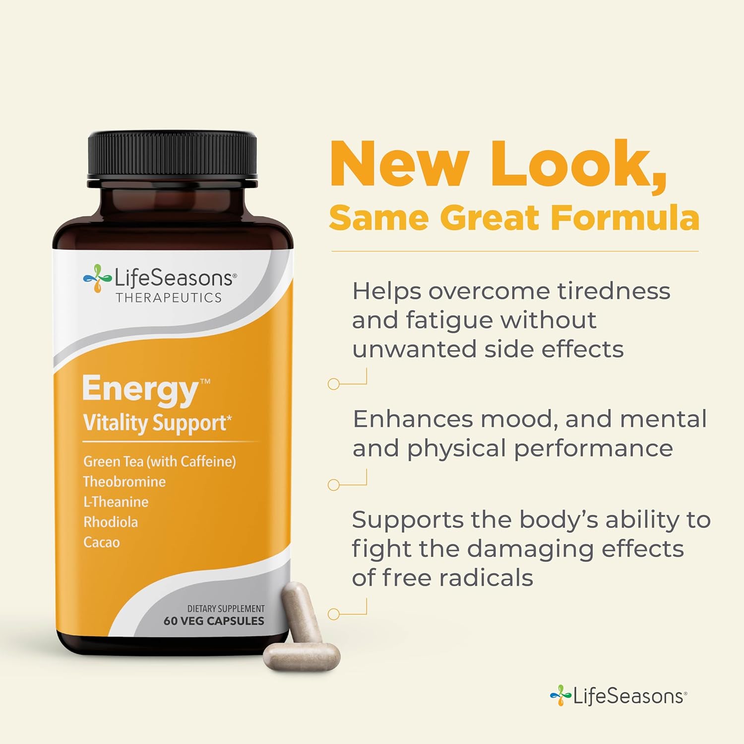 LifeSeasons Energy - Vitality Support - Energy Booster for Physical and Cognitive Strength - No Jitters - Increases Stamina - Contains Green Tea and L-Theanine - 60 Count (Pack of 1)