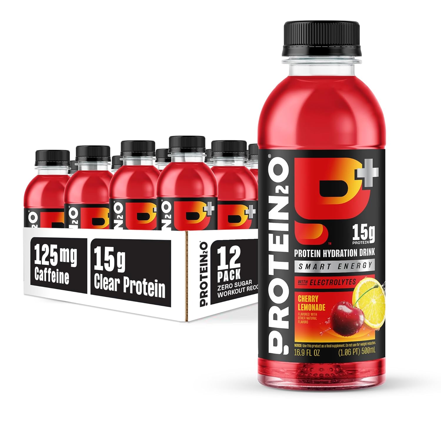 Protein2o 15g Whey Protein Infused Water Plus Energy, Cherry Lemonade, 16.9 oz Bottle (Pack of 12)