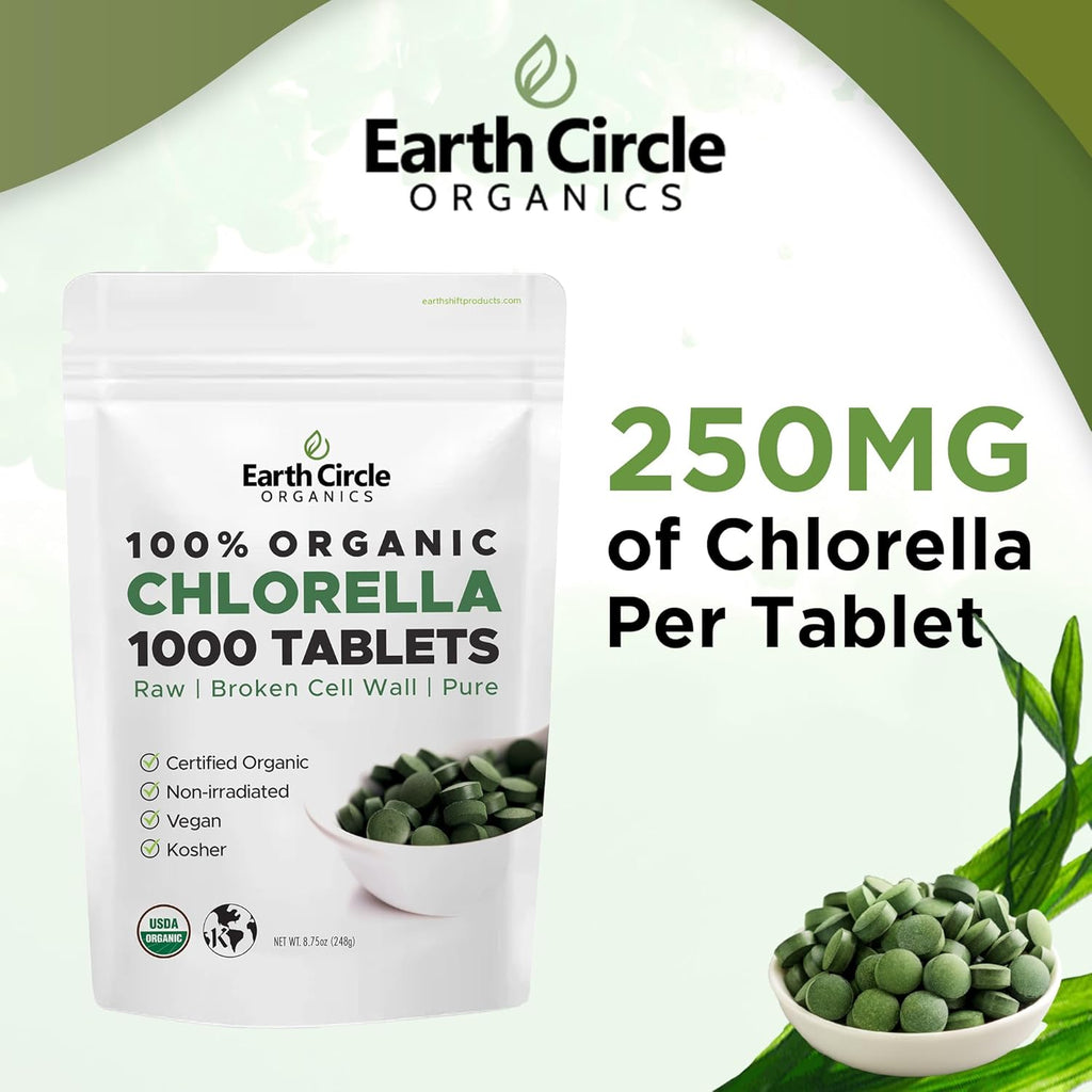 Organic Chlorella Tablets 1,000 Count | High Potency Superfood | Chlorophyll Pills from 100% Pure Green Algae | Broken Cell Wall for Max Absorption | Vegan, Kosher, Non-GMO | 4 Tabs per Day (2-Pack)