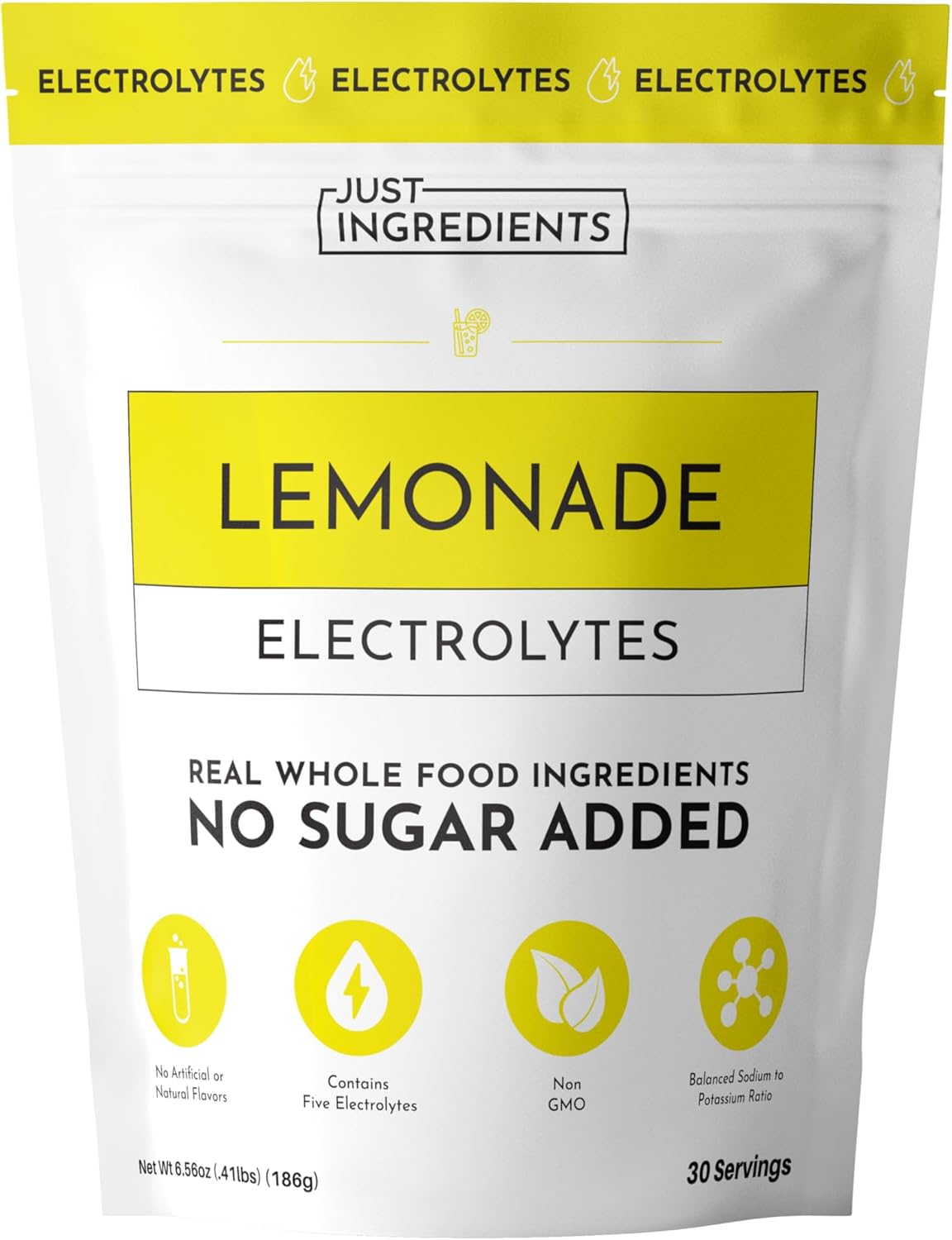 JUST INGREDIENTS Lemonade Electrolytes Drink Mix - Coconut Water, Sea Salt, Trace Minerals - 30 Servings