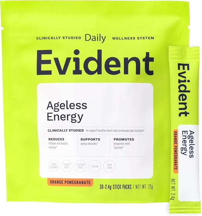 Ageless Energy Powder – CoQ10 Supplement w/Taurine, Vitamins B6 & B12 & ATP – Helps Improve Energy & Heart Function, Reduce Muscle Fatigue – 30 Stick Packs, Orange Pomegranate