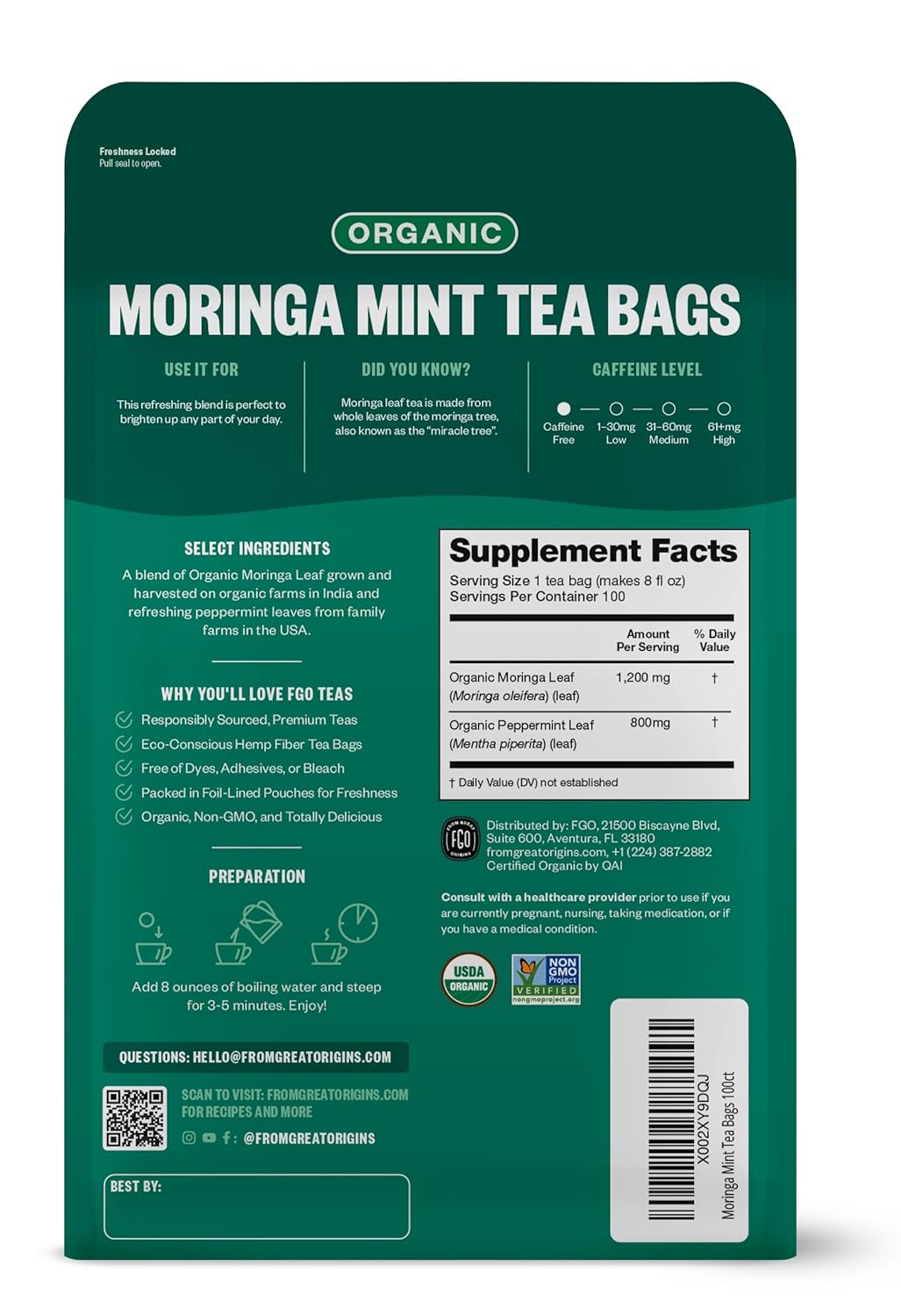 FGO Organic Moringa Mint Tea, 100 Count, Eco-Conscious Herbal Tea Bags, Resealable Bag, Caffeine Free, Packaging May Vary (Pack of 1)
