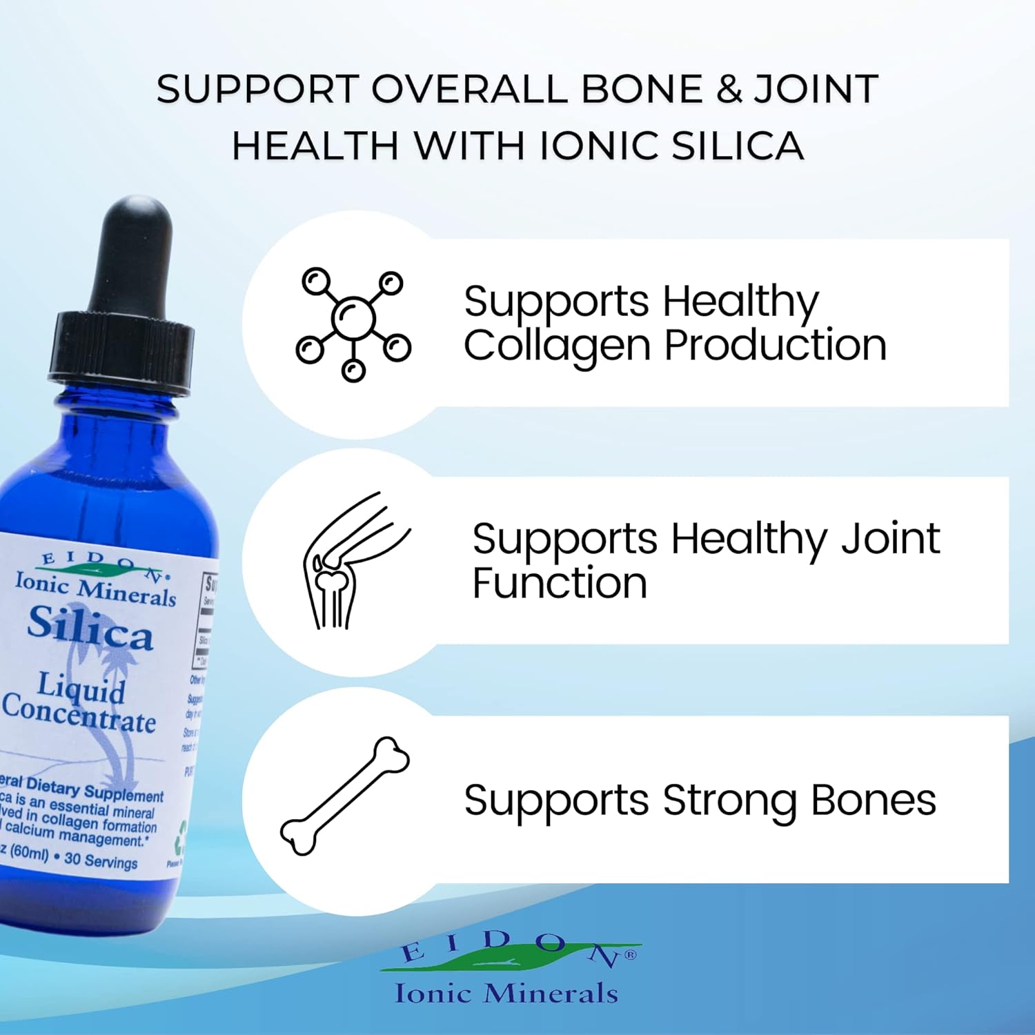 Eidon Ionic Minerals Liquid Silica Mineral Concentrate - Silica Supplement for Hair, Skin and Nails, Supports Collagen Production, Joint and Bone Health, Helps Manage Calcium - 2 oz