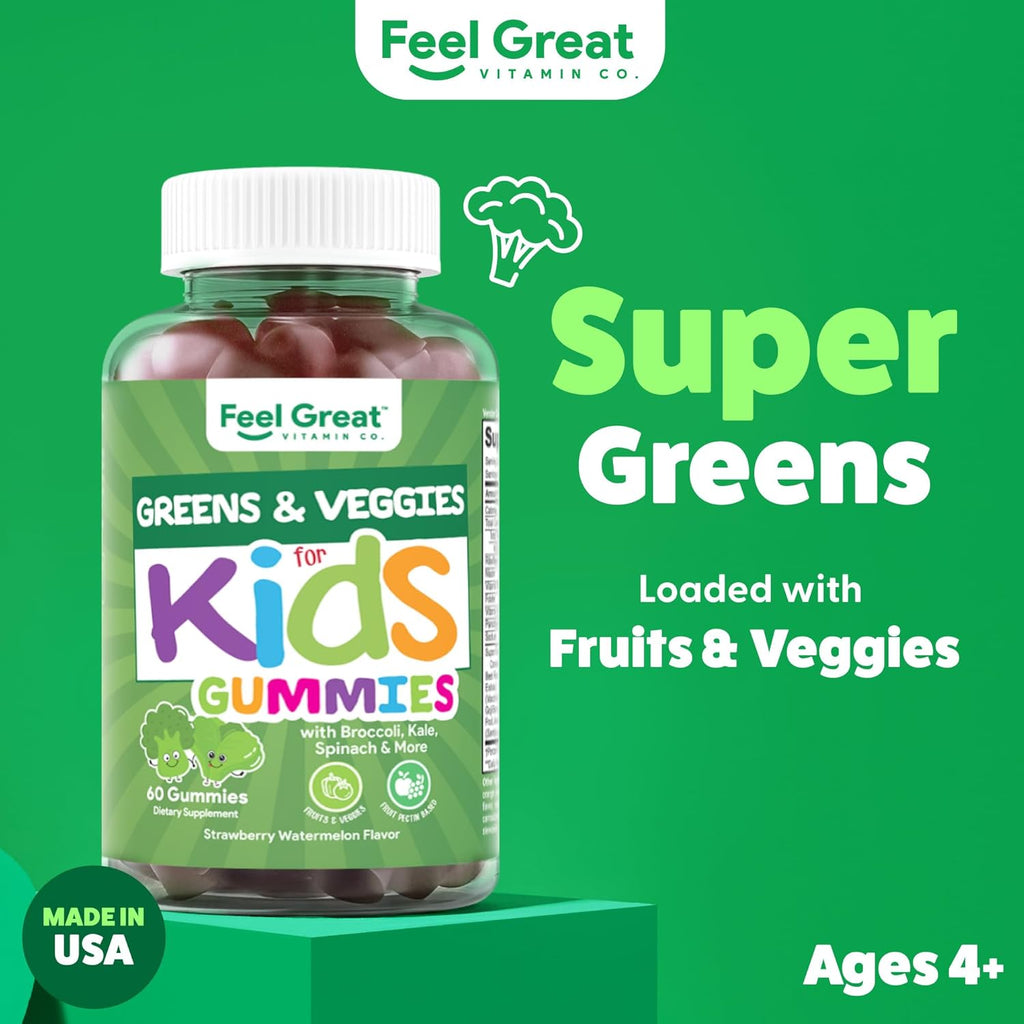 Feel Great Super Green Gummies for Kids | Fruit and Vegetable Gummies | Vegan Veggie Gummy Multivitamin for Kids | Veggie Fiber Supplement | 60 Count