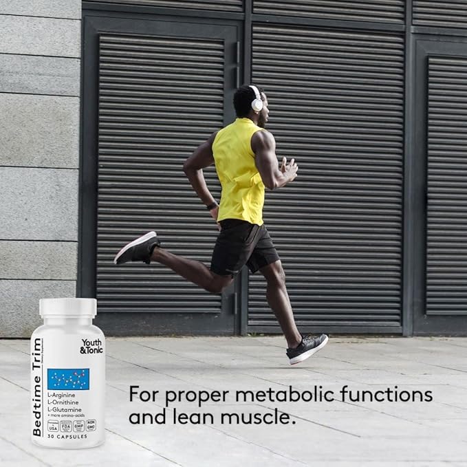Youth & Tonic PM Bedtime Trim for Lean Appearance & Muscle Definition Support – Nighttime Amino Acids Supplement for Overnight Recovery, Men & Women, 30 Capsules